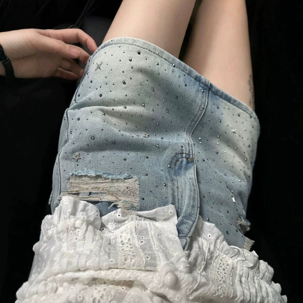 Zara Retro Rhinestone Denim Mini Skirt High Waist Bodycon Summer